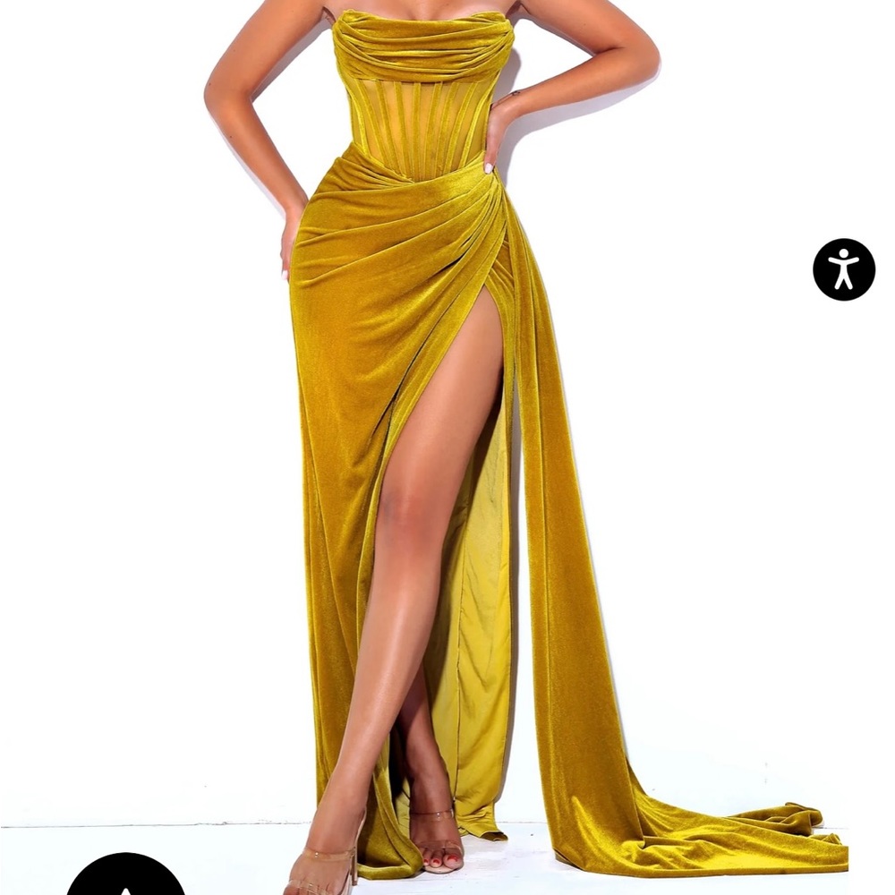Priya Gold Draping Corset High Slit Velvet Gown